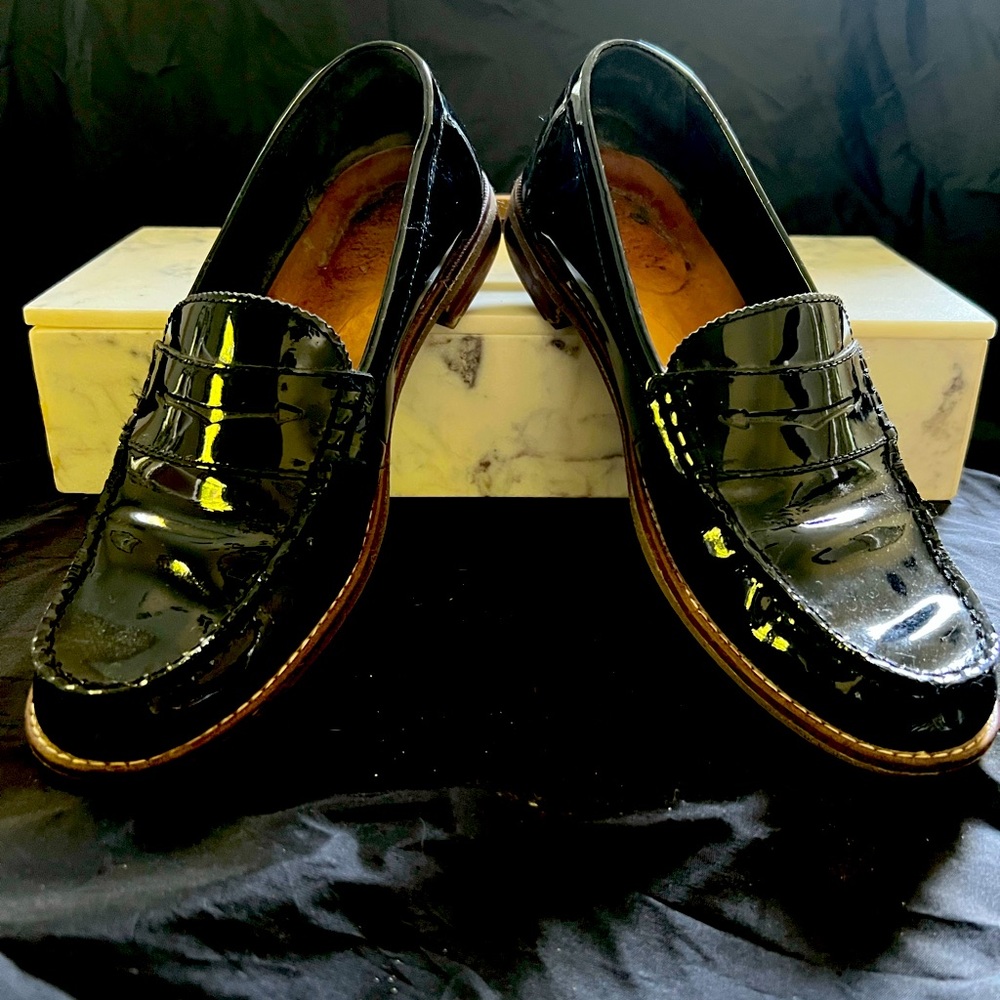 Black patent leather penny loafers